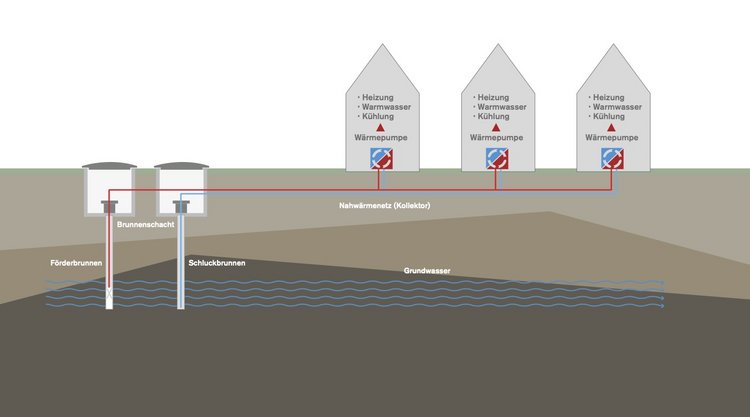 Schematische Darstellung eines Nahwärmesystems mit Förder- und Schluckbrunnen, Grundwasserleitung und angeschlossenen Gebäuden, die über Wärmepumpen für Heizung, Warmwasser und Kühlung versorgt werden.