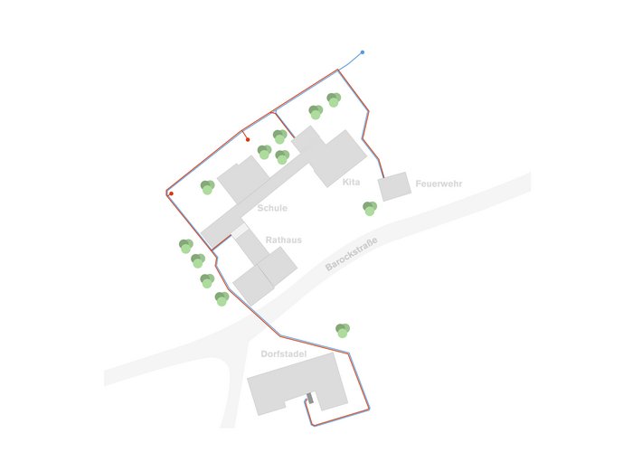 Schematische Übersichtskarte eines Ortskerns mit markierten Gebäuden wie Schule, Rathaus, Kita und Feuerwehr sowie eingezeichnetem Grundstücksverlauf entlang einer Straße.