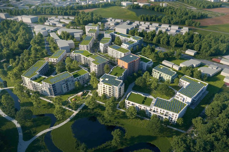 Modernes Firmengebäude von Baugrund Süd mit klarer, grauer Fassade, großen Fensterreihen und Eingangsbereich hinter weißer Betonmauer mit Logo